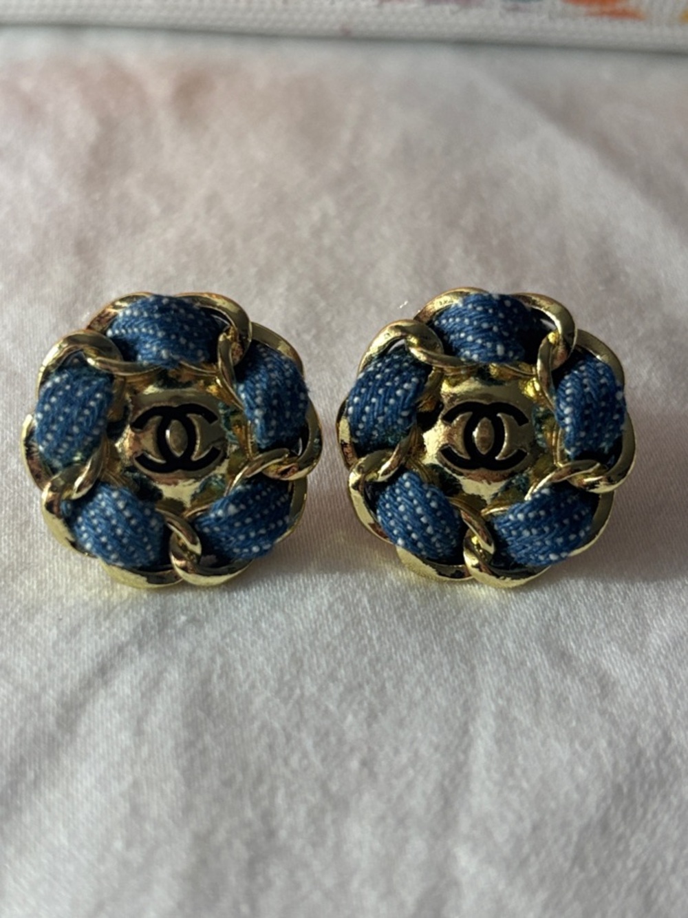 Fashion Jewelry Gold-Tone Button Earrings with Blue Woven Accents